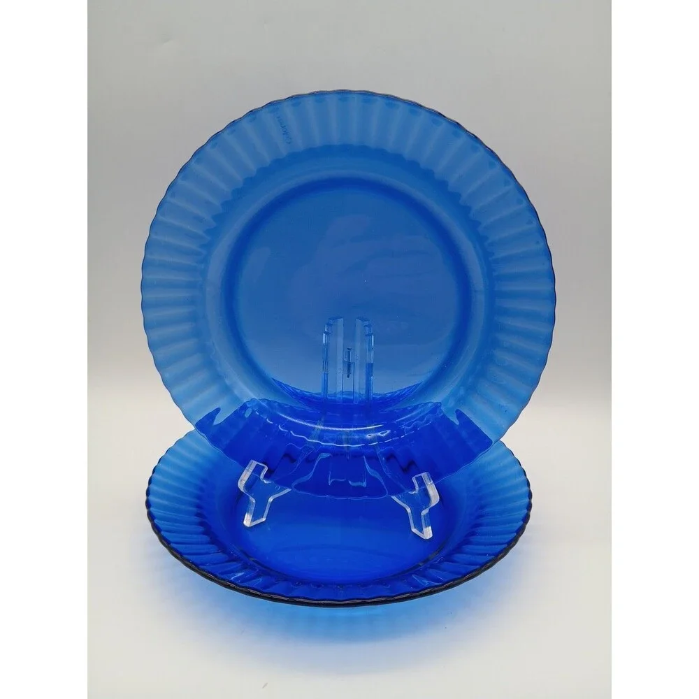2 Vtg Colorex Glass Lunch Plates Cobalt Blue Scalloped Brazil